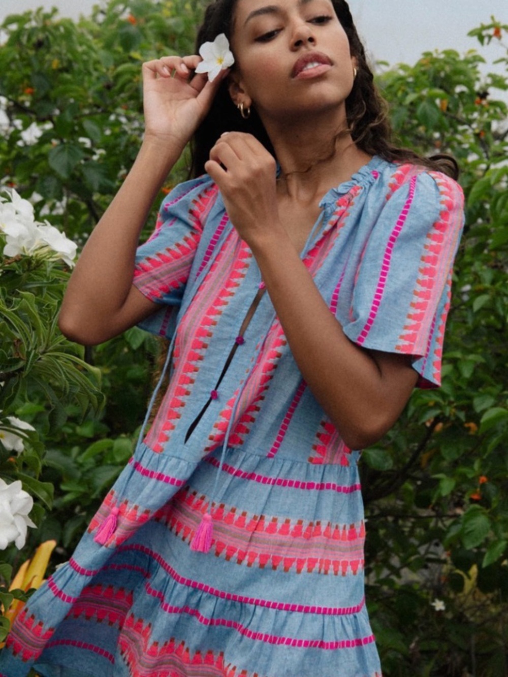 THML Sky Blue Mini Dress with Pink and Coral Embroidery